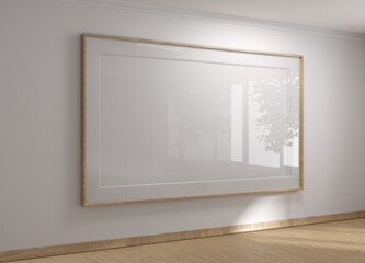 Scandinavian style interior design. White canvas in wooden frame hanging on a white wall in a shady room with solid wood flooring. 3D render with copy space.
