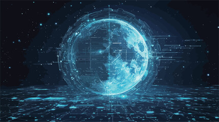 Fototapeta premium A digital rendering of a translucent blue globe is presented against a dark background. The globe is surrounded by glowing lines and data streams, suggesting a network connection. The ground