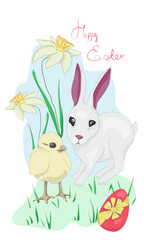 Watercolor greeting card, website banner or poster with cute  bunny, little chick and spring flowers in pastel colors on light background. Isolated Easter watercolor decor elements

