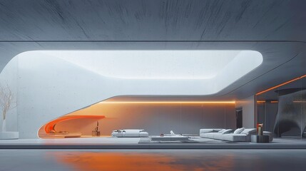 Futuristic Living Room Design, a modern space showcasing smart technology, sleek furnishings, and innovative lighting for enhanced function and contemporary style.