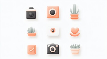 Collection of minimalist icons featuring cameras and plants in a soft color palette