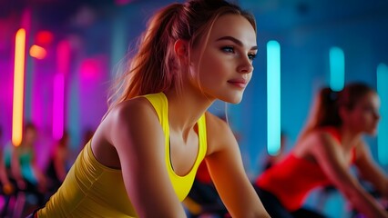 A young woman with long hair participates in a colorful indoor cycling class with vibrant neon lights. Concept Indoor Cycling Experience, Neon Lights, Fitness Motivation, Young Woman in Action