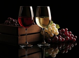 Red and white wine glasses with grapes on a dark background. A glass of red or pink wine, a glass filled with green grapes in a wooden box. 