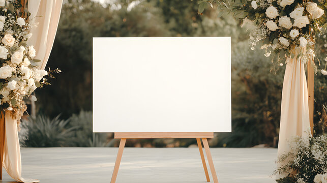 A wedding welcome sign mockup featuring an empty 36 x 24-inch canvas, styled on a handcrafted wooden easel. The natural surroundings of an elegant outdoor ceremony include neutral-toned floral