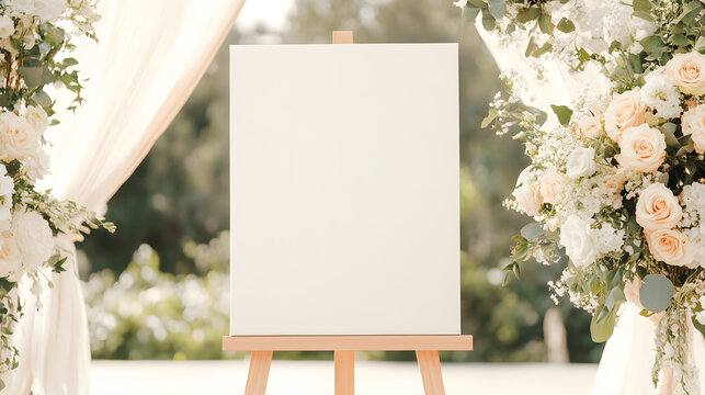 A wedding welcome sign mockup featuring an empty 36 x 24-inch canvas, styled on a handcrafted wooden easel. The natural surroundings of an elegant outdoor ceremony include neutral-toned floral