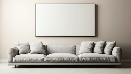 Lounge with beige walls, grey couch, minimalist with frame.