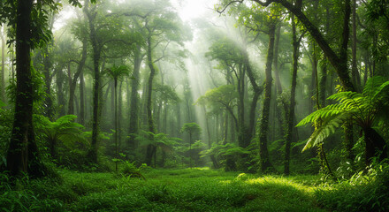 Naklejka premium Mystical Sunlit Rainforest – A Breathtaking View of Towering Trees and Golden Sun Rays Filtering Through the Lush Canopy, Creating a Dreamlike and Serene Atmosphere in a Dense, Vibrant Jungle