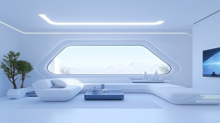 Futuristic Living Room Design, a sleek space featuring innovative furniture, advanced lighting solutions, and a high-tech aesthetic, blending comfort with modern elegance.