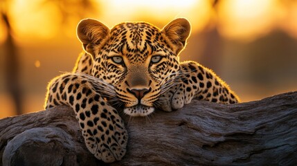 Leopard resting on tree trunk during golden sunset, showcasing beauty and tranquility. Wildlife and nature photography concept