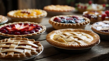 Delicious homemade pies arranged on a rustic wooden table at a vibrant summer gathering