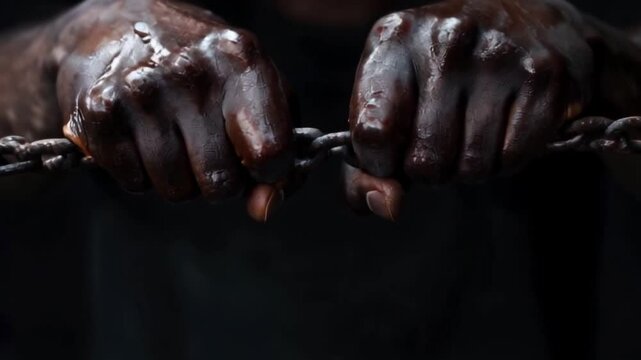 Two strong hands grip heavy chains, representing themes of struggle and resilience. The dark background emphasizes the physical intensity and emotional weight of this powerful moment