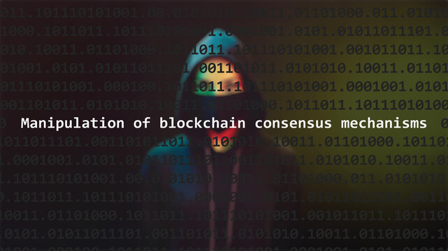 Cyber attack manipulation of blockchain consensus mechanisms text in foreground screen, anonymous hacker hidden in the blurred background. Vulnerability text in binary system code on editor program.