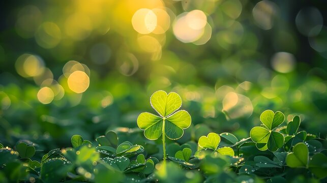 Beautiful green shamrock pattern with soft bokeh highlights, glowing festive light reflections, seamless lucky clover theme, calming and cheerful vibe