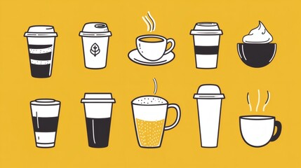 Fototapeta premium Various coffee cups and drinks displayed against a yellow background showcasing different styles and types of beverages