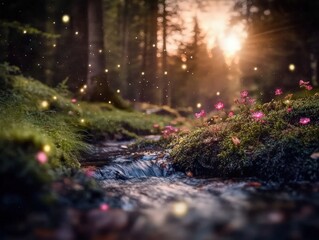 Fototapeta premium A mystical river at twilight, glowing faintly with bioluminescent hues, surrounded by surreal glowing flora