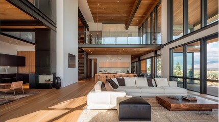 Naklejka premium Modern open-concept living room designed for entertaining and relaxation, featuring stylish furnishings, warm colors, and a spacious layout that invites social interaction.