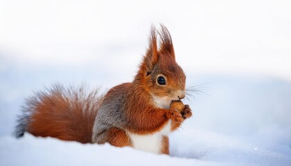 Adorable Red Squirrel Nibbling a Nut amidst the Frosty Winter Wonderland, Savoring the Warmth and Playfulness of Nature.