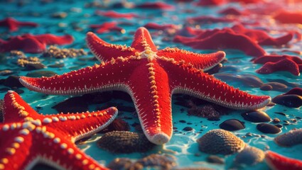 Vibrant Red Starfish on a Seafloor with Clear Water and Pebbles Ideal for Text Overlay or Marine-Themed Designs