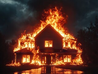 Intense house fire engulfs family home in suburban neighborhood dramatic visuals nighttime destruction