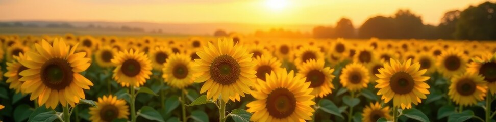 Fototapeta premium An open field of sunflowers at sunrise with warm light, yellow, agriculture, flora