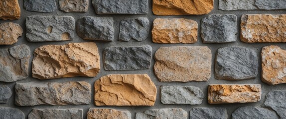 Naklejka premium Textured surface of an ancient stone wall featuring a mix of gray and orange stones, ideal for backgrounds and architectural designs.