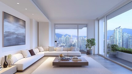 Fototapeta premium Modern living room with expansive windows, inviting sunlight, offering stunning views, creating a harmonious indoor-outdoor atmosphere, spacious and stylish decor