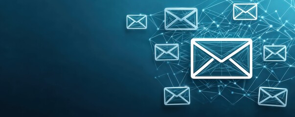 marketing automation lead performance concept. Digital email icons on a blue background with a network effect.