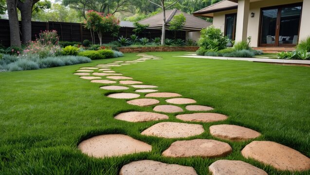 Lush green lawn featuring a winding brown laterite stepping stone pathway surrounded by vibrant flowering plants and trees in a serene backyard setting.