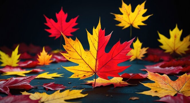 Vibrant red and yellow autumn leaves scattered on a dark background showcasing the beauty of fall foliage and seasonal transition.
