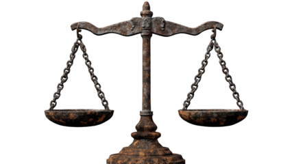 An antique rusted balance scale with intricate chain details, symbolizing justice, law, or historical themes. 