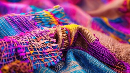 vibrant multicolored burlap textile texture with intricate woven patterns and soft folds in close-up view