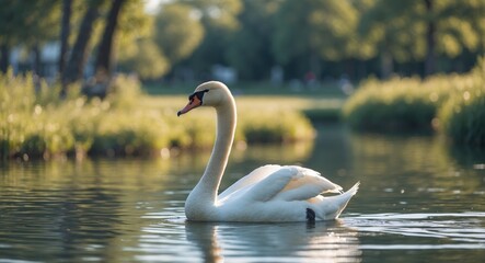 Elegant Swan Swimming in Tranquil Summer Lake with Lush Greenery and Room for Text Overlay
