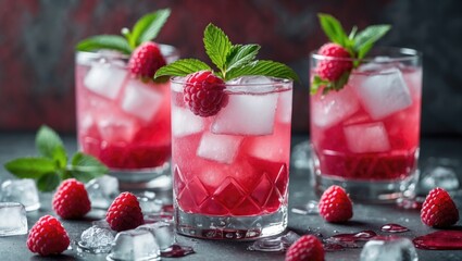 Refreshing Raspberry Mocktail with Mint Leaves and Ice Cubes Perfect for Summer Gatherings and Outdoor Parties