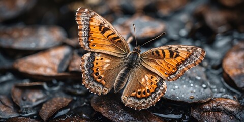 Obraz premium Beautiful Brown Butterfly on Wet Leaves with Blank Space for Text Overlay in Natural Outdoor Setting