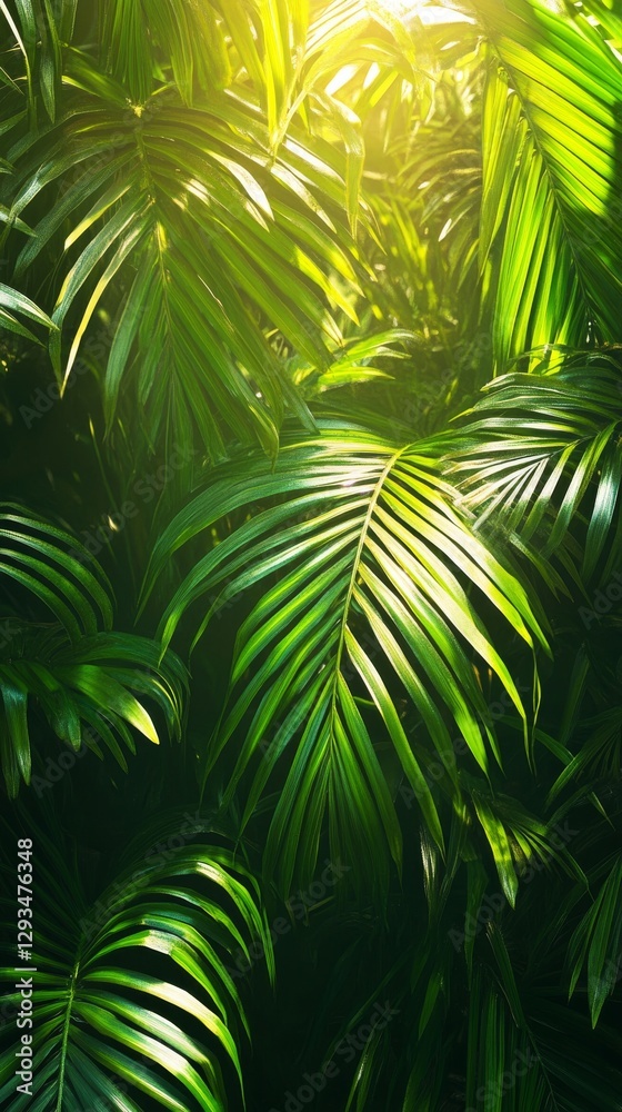 Aufkleber vibrant green palm leaves with sunlight filtering through, creating warm tones. nature and tranquili