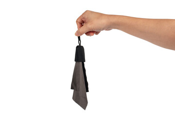 Hand and crumpled microfiber cleaning cloth, isolated on transparent background