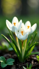 Fototapeta premium Delicate white crocus flowers blooming in a bush, blossom, foliage