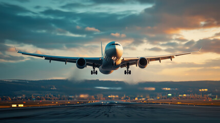 Fototapeta premium Airplane Taking Off from Runway During Sunset with Dramatic Clouds and Vibrant Sky Overhead in a Breathtaking View of Aviation and Travel
