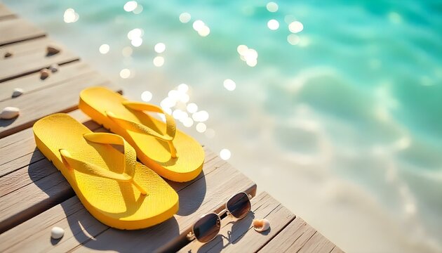 Chanclas amarillas y gafas de sol sobre una superficie de madera con conchas, en una playa soleada con cielo azul y agua turquesa