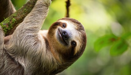 Wild Sloth Posing Humorously on a Rainforest Branch A Captivating Portrait of Natures Quirky Humor, Showcasing a Playful Mammal in a Lush Green Environment. characters