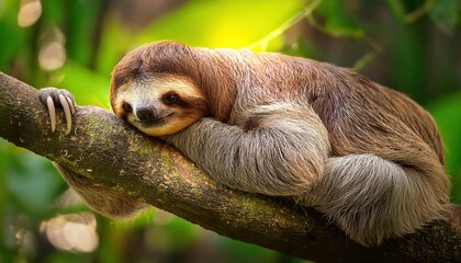 Naklejka premium Playful Sloth Showing a Humorous Expression while Perched on a Lush Rainforest Branch, Exuding a Warm and Inviting Atmosphere within the Tropical Canopy.