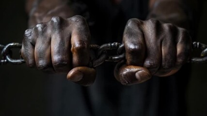 Hands tightly gripping chains convey a powerful message about struggle and resilience, reflecting the weight of history and personal battles for freedom and dignity