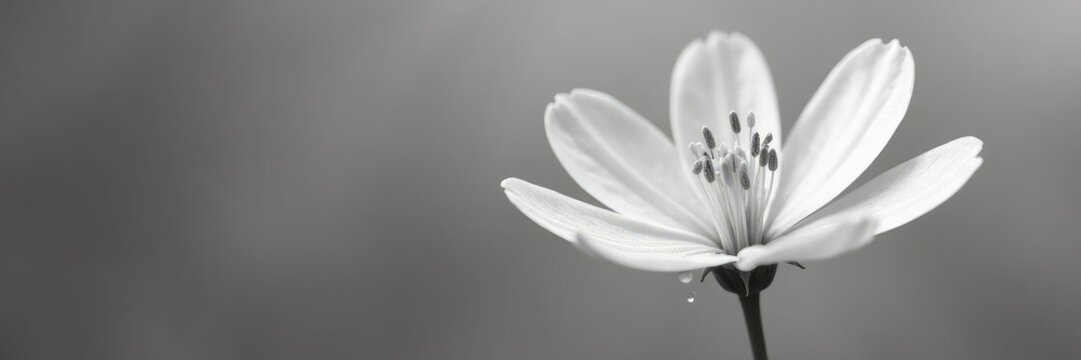 Delicate white crosus flower drops on grey background, grey, greyscale