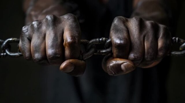Hands tightly gripping chains convey a powerful message about struggle and resilience, reflecting the weight of history and personal battles for freedom and dignity