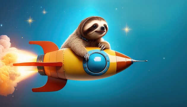 Whimsical Sloth Space Travel Cuddly Creature Soaring on a Rocket, Amidst a Fantastical Cosmic Adventure with Humorous Twist, Set Against a Vibrant SciFi Backdrop.
