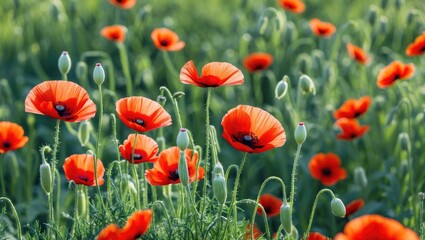 Fototapeta premium Vibrant Corn Poppies Blooming In A Summer Meadow Creating A Stunning Contrast Against Greenery With Space For Text Or Branding