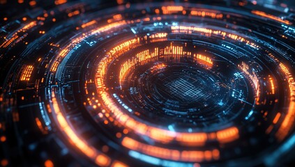 Obraz premium Abstract Glowing Orange and Blue Circles Digital Technology Background