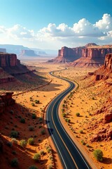 Fototapeta premium Desert landscape highway twists through golden hills, vast landscape, desert highway