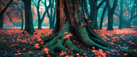 Fototapeta premium Ancient tree trunk surrounded by vibrant autumn foliage in a mystical forest setting illuminated by soft, atmospheric lighting.