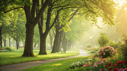 A soft, dreamy, and defocused image of a lush green park with tall trees and a vibrant garden